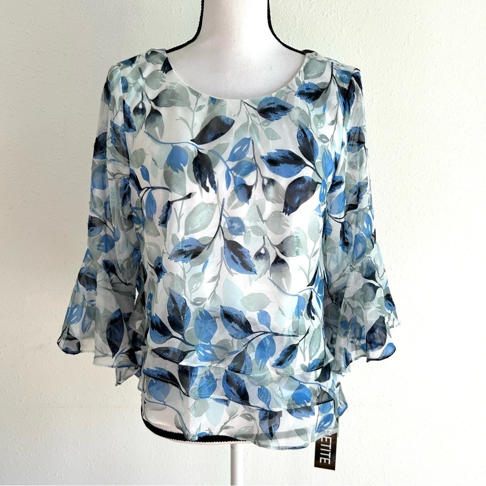 Alex Evenings Chiffon Blouse Petite Size M Blue Asymmetrical Floral Party